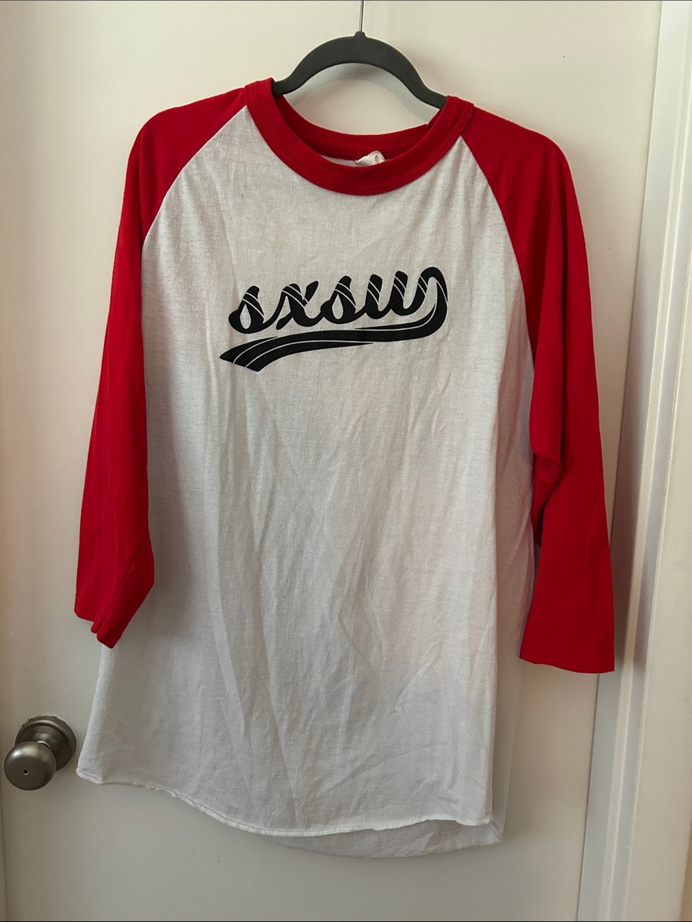SXSW Red and White Raglan Baseball Tee with Black Script
